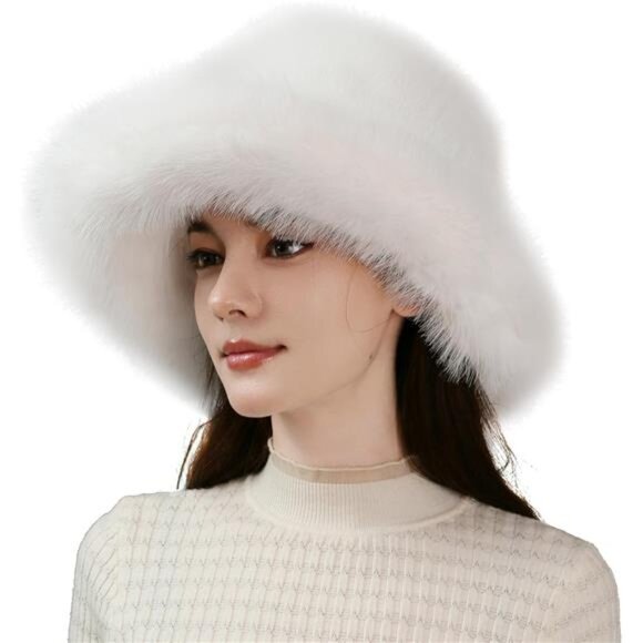Luxury Faux Fur Bucket Hat for Women White - Picture 1 of 7